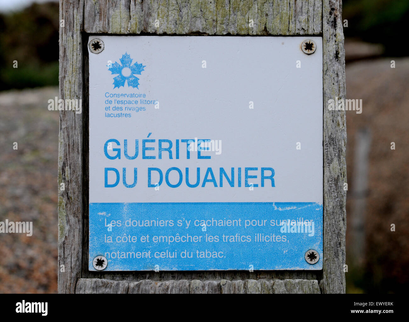 Sign on restored Customs Officers shelter near Ploumanac'h on the north Breton coast of France. Stock Photo