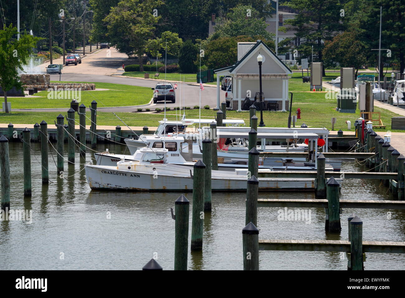 Chesapeake Bay fishing boats are seen docked in Cambridge, MD Stock