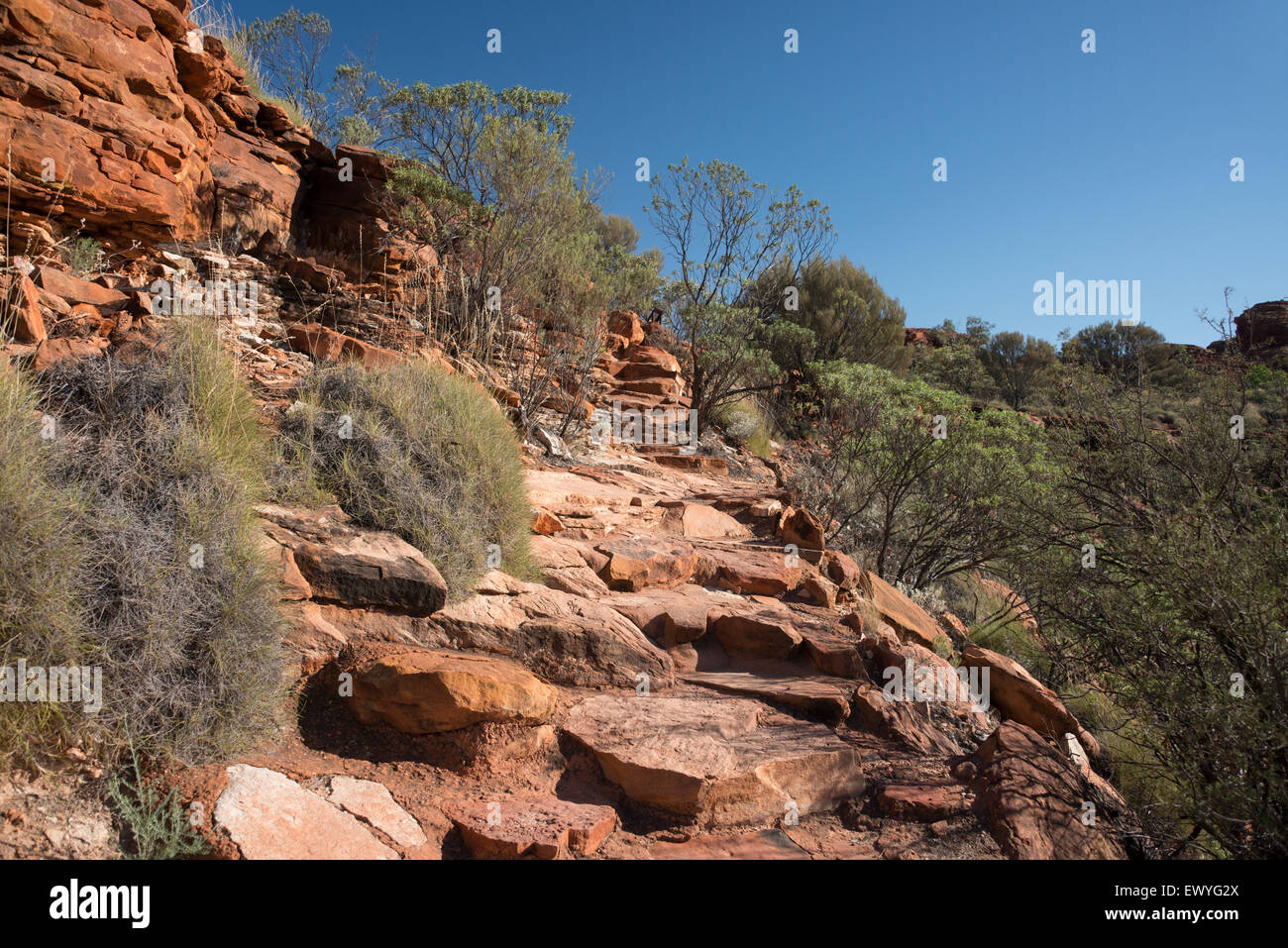 Australia, NT, Watarrka National Park. Kings Canyon, Rim Walk. Rocky hiking path. Stock Photo