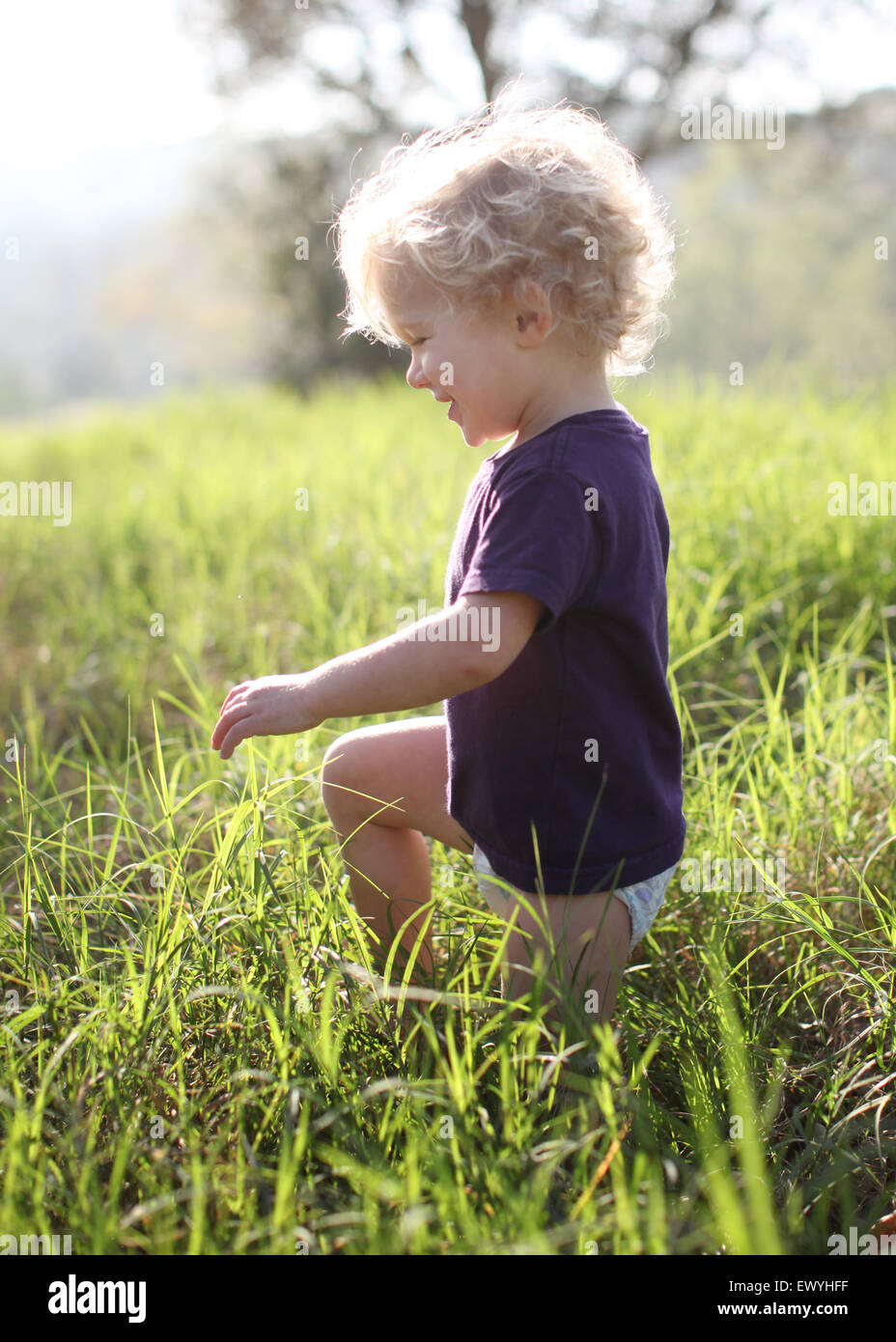 Boy kneeling in the grass Stock Photo