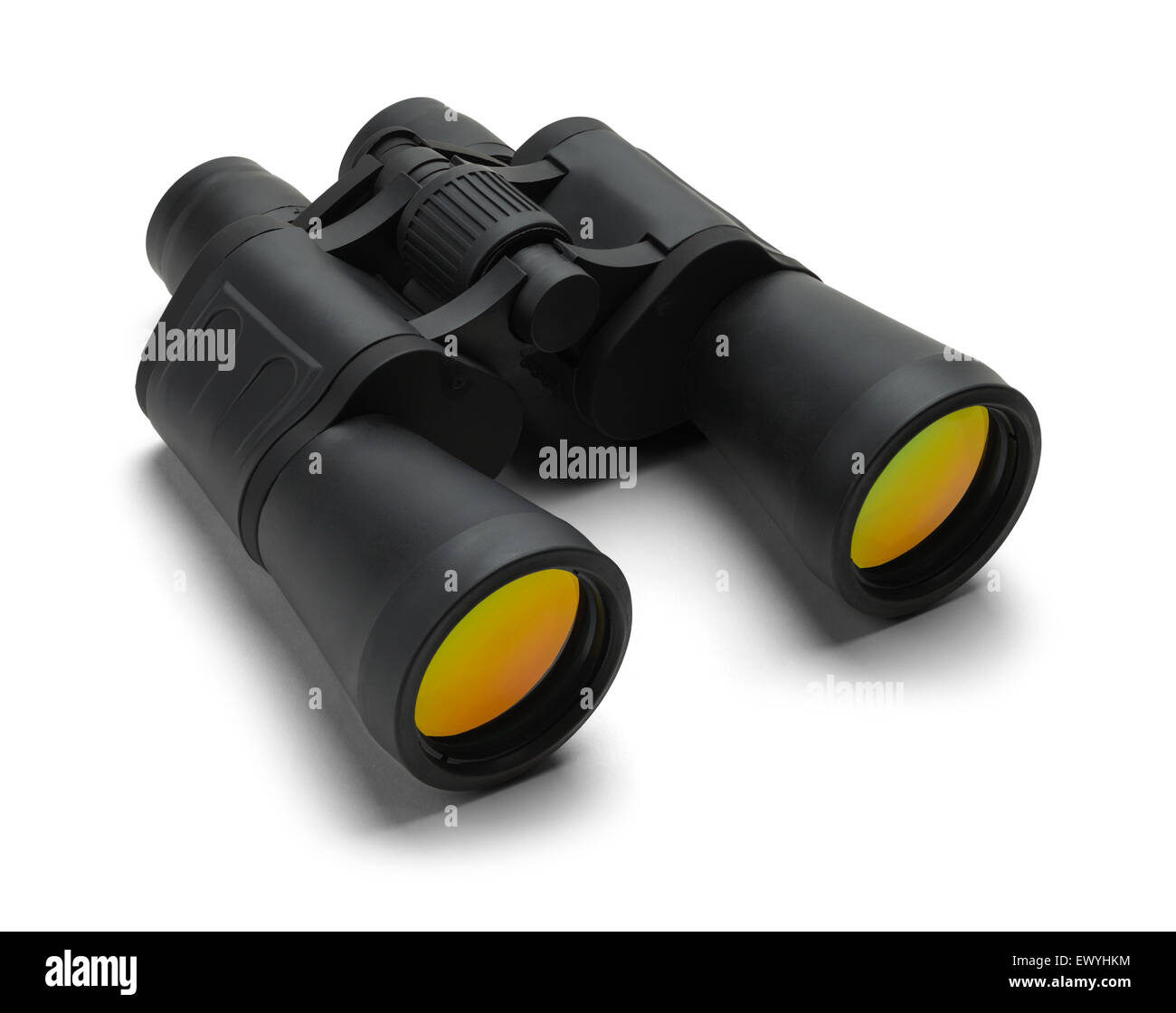 Pair of Black Binoculars with Orange Anti Glare Lens Isolated on White Background. Stock Photo