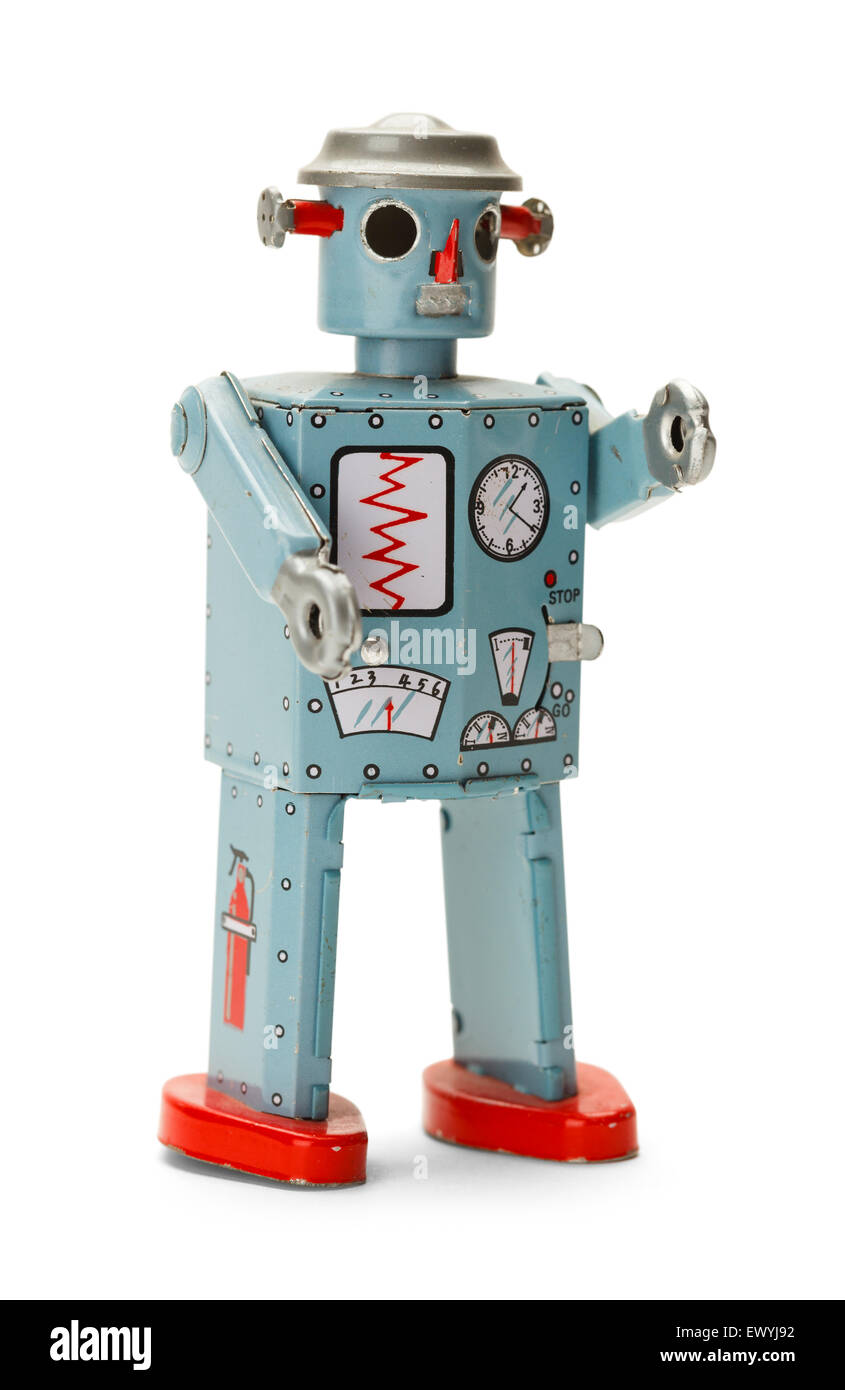 Retro Wind Up Space Robot Isolated on White Background. Stock Photo