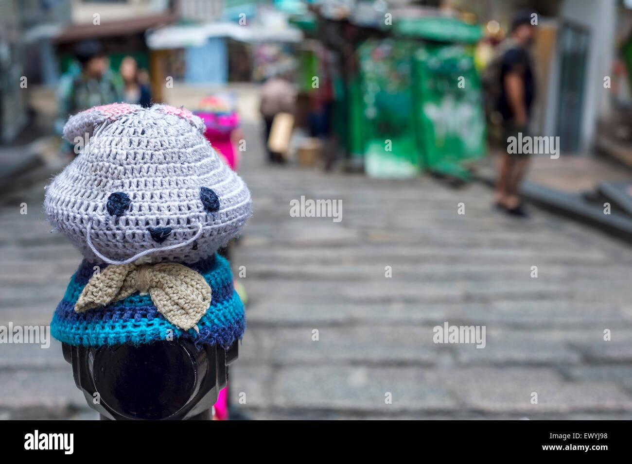 Yarn-bombing works of artist Esther Poon on Pottinger street, in Hong-Kong, Central. Stock Photo