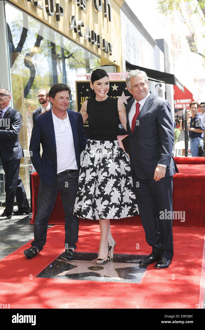 Julianna Margulies honored with a star on the Hollywood Walk of Fame  Featuring: Michael J. Fox, Julianna Margulies, Leslie Moonves Where: Los Angeles, California, United States When: 01 May 2015 C Stock Photo