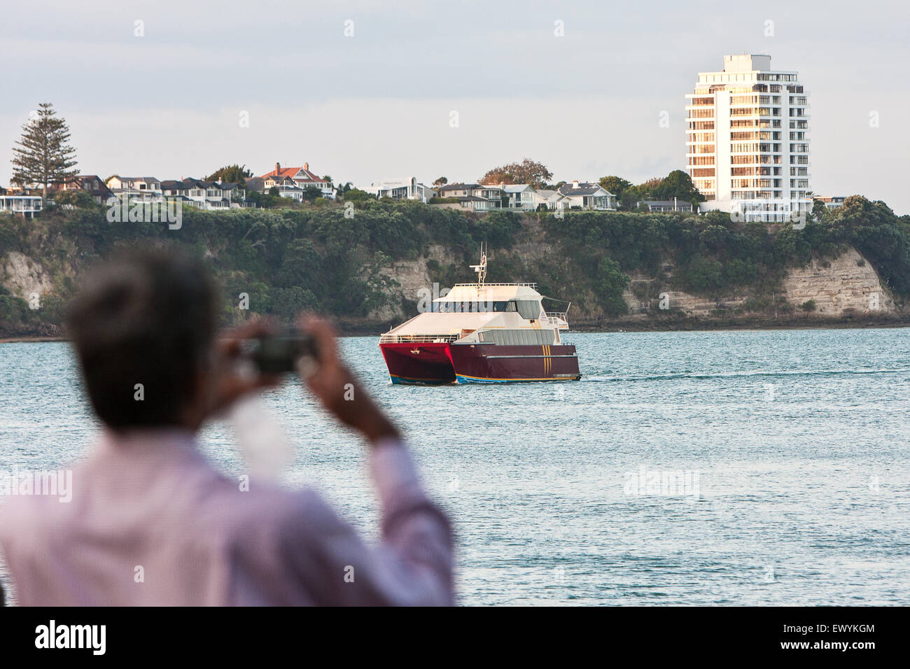 Man photographing ferry boat in Auckland Harbour. Heading to Auckland Ferry Terminal from Devonport. Auckland,New Zealand Stock Photo