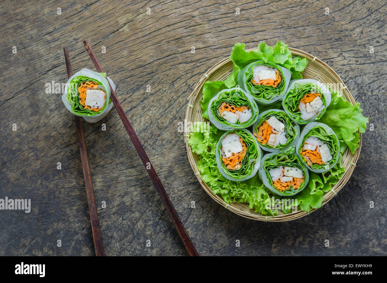 top view Fresh Spring Roll, Vietnamese Food. Stock Photo