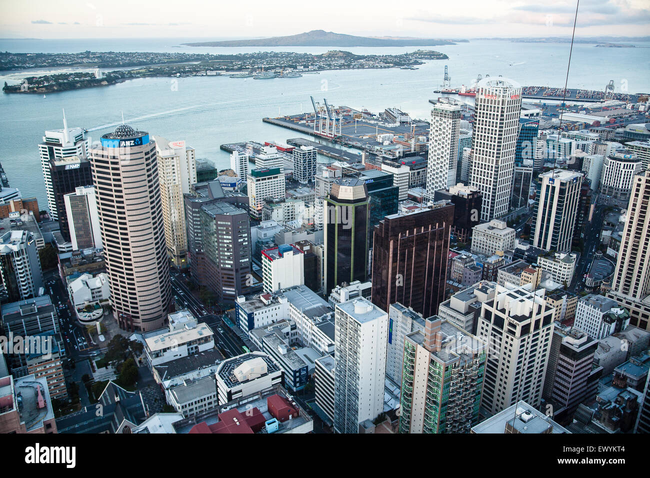 Daytime view from Sky Tower of Auckland City,Port,Harbour and Rangitoto volcano Island,New Zealand Stock Photo