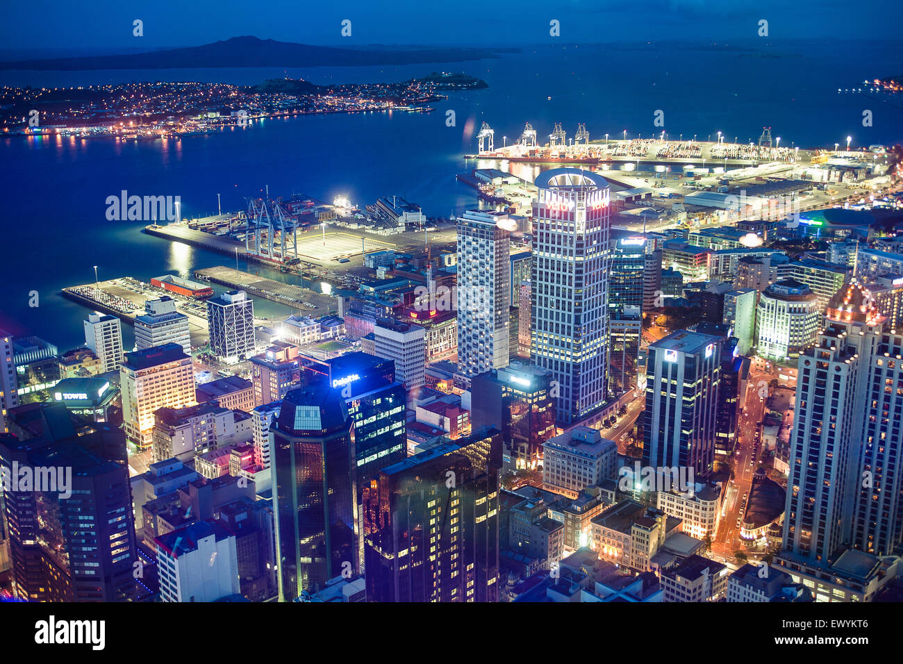 Night time view from Sky Tower of Auckland City,Port,Harbour and Rangitoto volcano Island,New Zealand Stock Photo