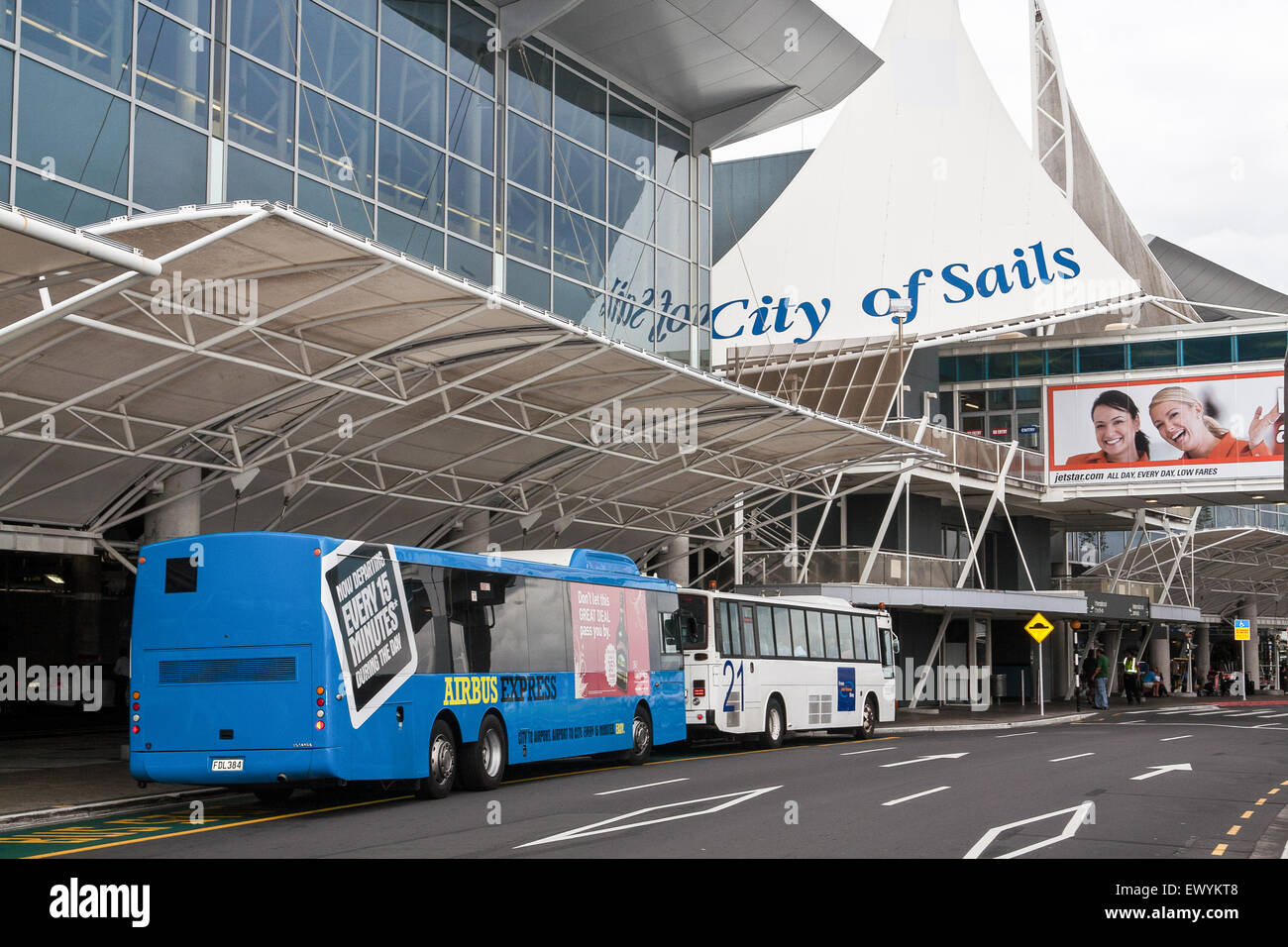 Shuttle buses outside Auckland Airport,Auckland,City of Sails,New Zealand Stock Photo