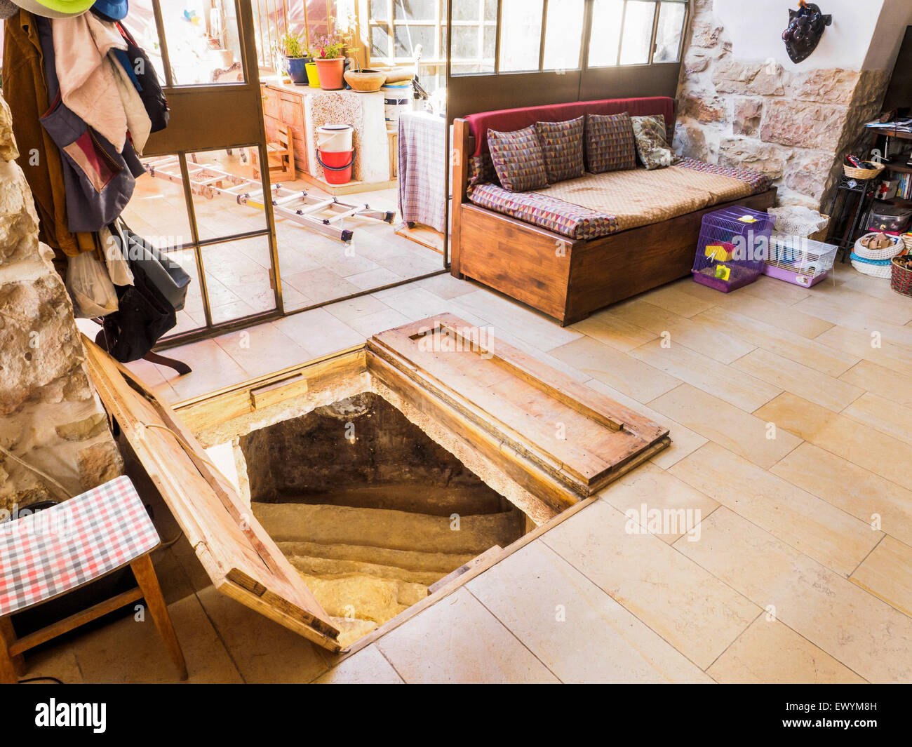 (150702) -- JERUSALEM, July 2, 2015 (Xinhua) -- A ritual bath that was discovered under a living room of a private house is seen near Jerusalem, on July 1, 2015. A 2000-year old ritual bath was discovered near Jerusalem under a living room of a private house, the Israeli Antiquities Authority said in a statement on Wednesday. The ancient ritual bath, known in Hebrew as a mikve, was discovered amid renovations of a private home in Ein Karem, a village near Jerusalem, and believed to have originated from the period of the Second Temple, which was a Jewish temple situated in Jerusalem between 516 Stock Photo