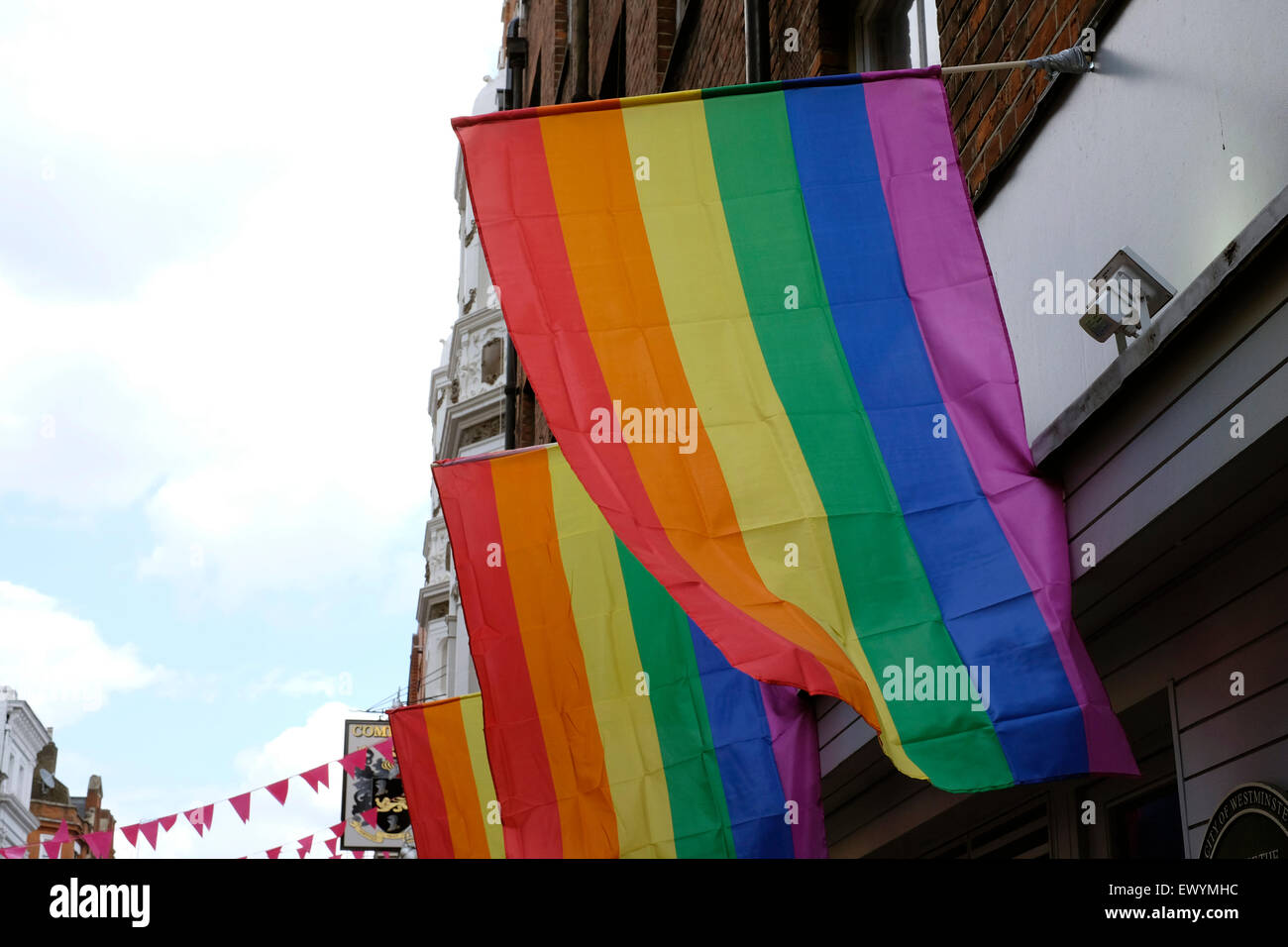 Gay flags on display in Soho, central London Stock Photo