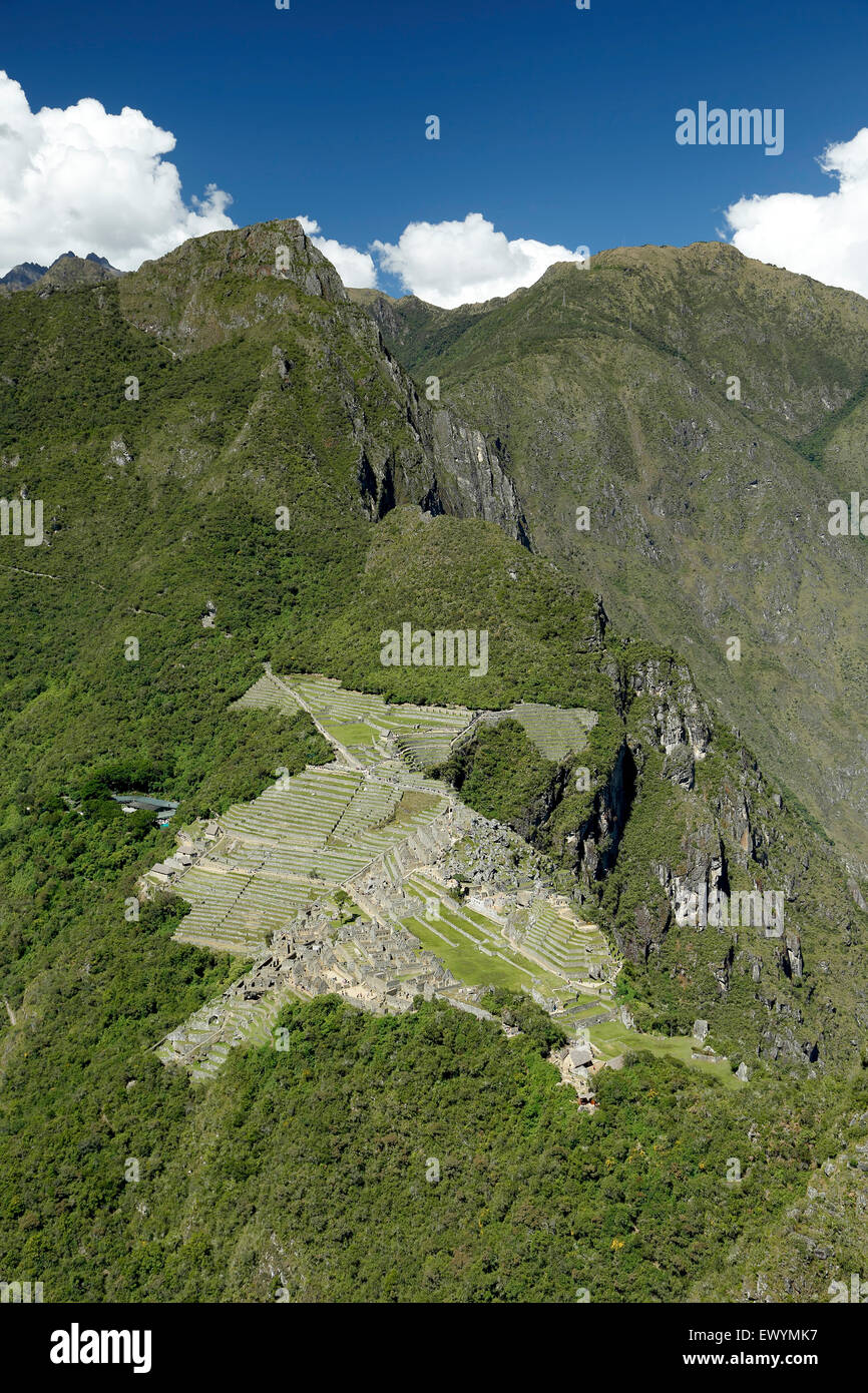 Machu Picchu Inca ruins from Huayna Picchu Mountain, near Machu Picchu Pueblo (aka Aguas Calientes), Cusco, Peru Stock Photo