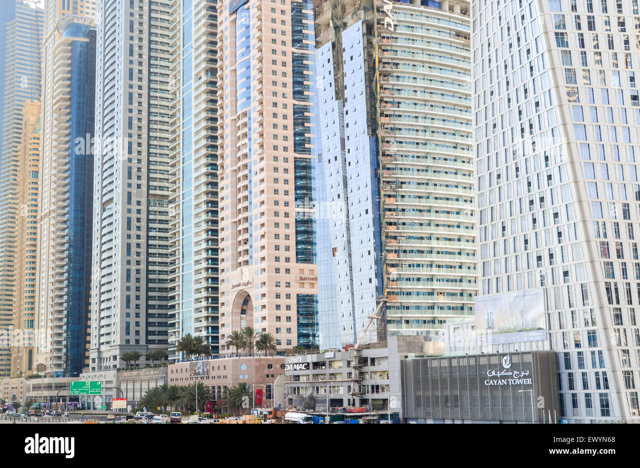 Base of the tallest block in the world - Dubai Marina, UAE, with several skyscrapers averaging 400 m high Stock Photo