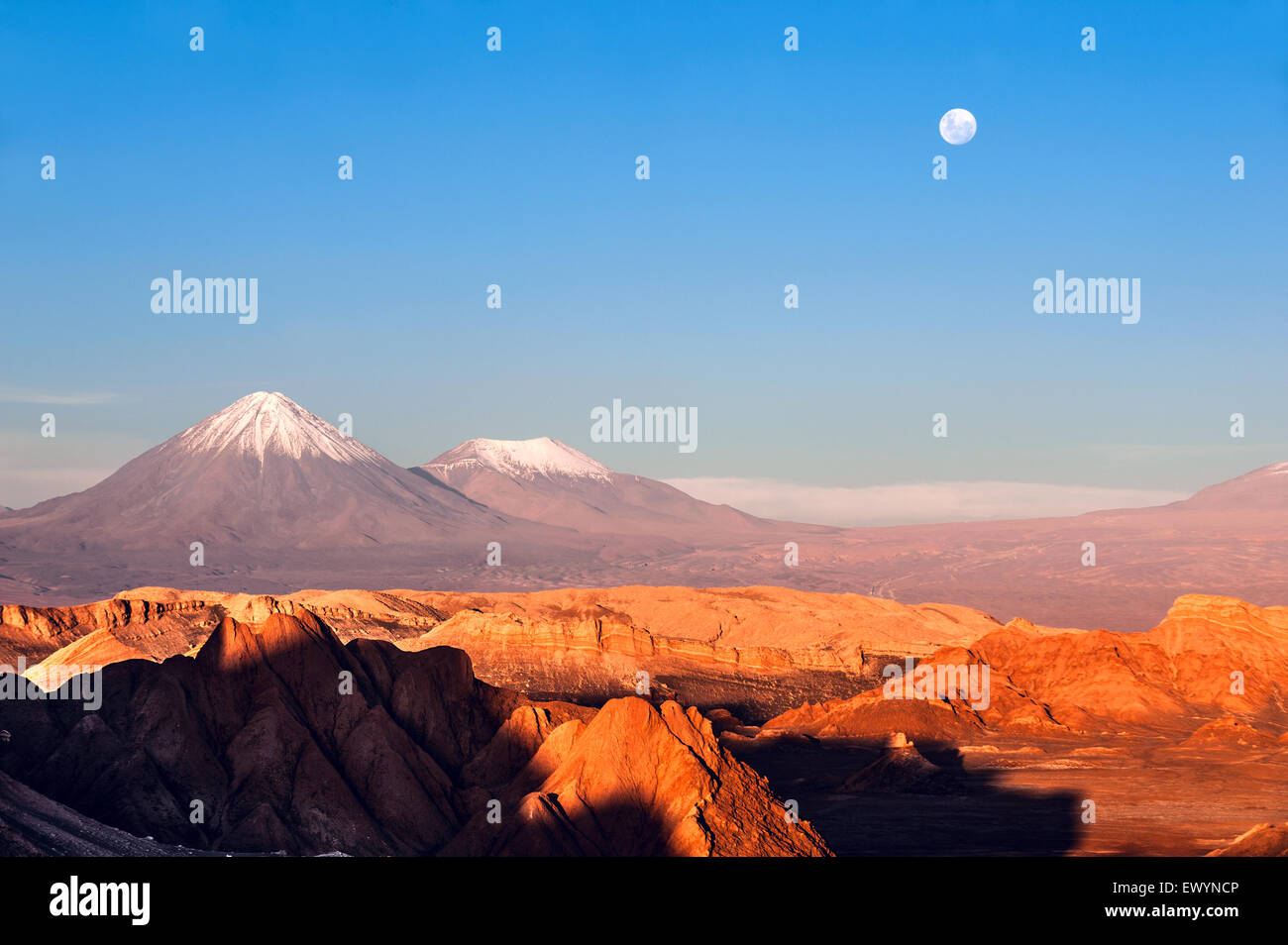 Volcanoes Licancabur and Juriques, Moon Valley, Atacama, Chile Stock Photo