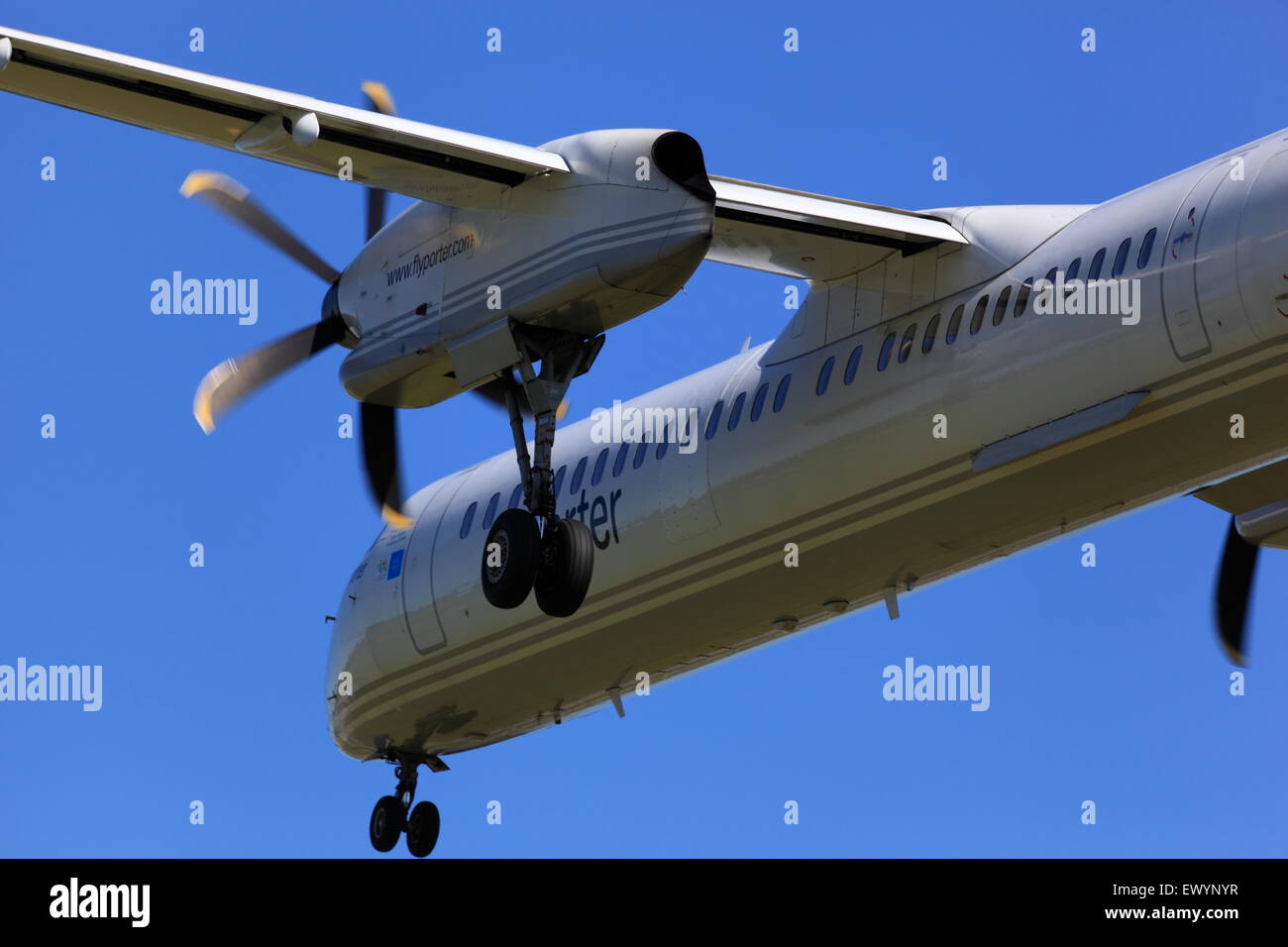 Bombardier De Havilland Canada DHC8 C-GLQH Porter Airlines on final approach at YOW Ottawa Canada, July 2, 2015 Stock Photo