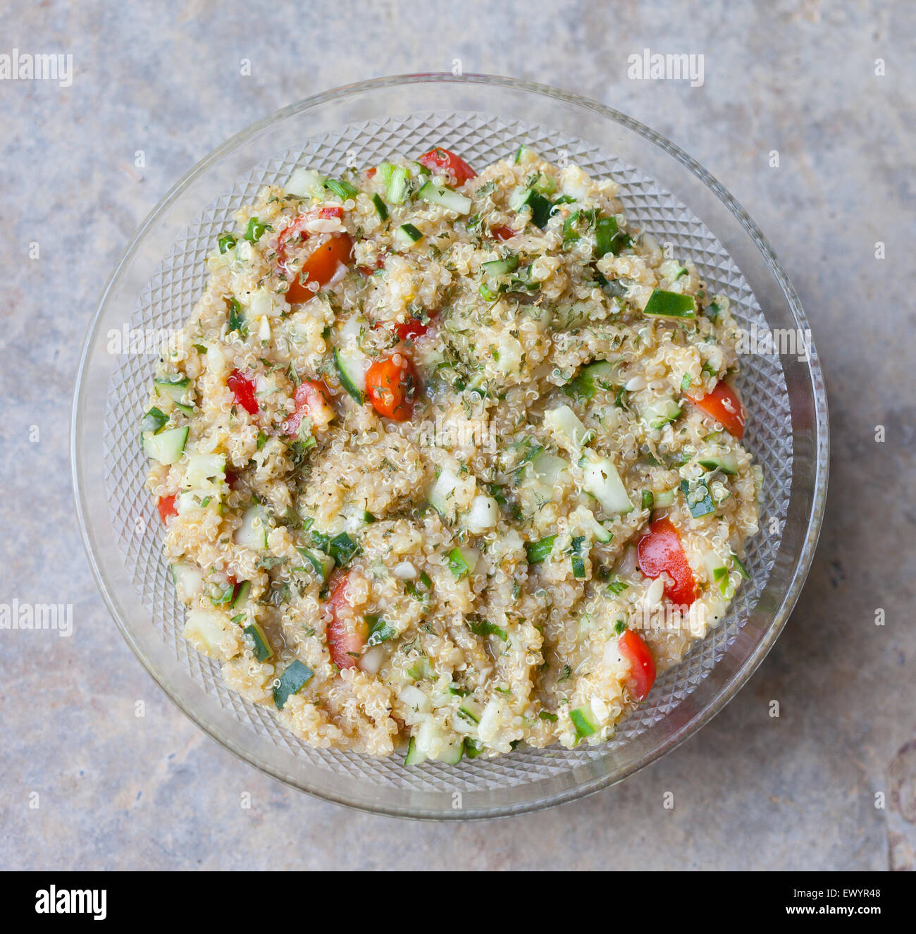Overhead view of a bowl of fresh, homemade quinoa tabouli Stock Photo
