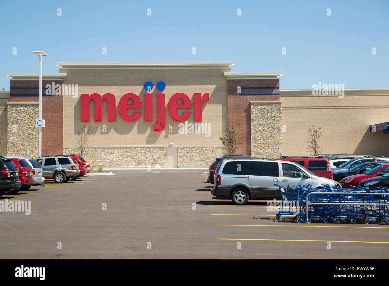 A Meijer supermarket grocery store chain store in Wisconsin. Meijer stores are family owned and operate in the Midwest. Stock Photo