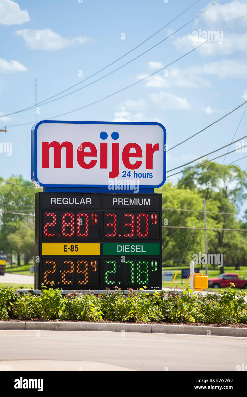 A Meijer supermarket gas station sign in Wisconsin. Meijer stores are ...