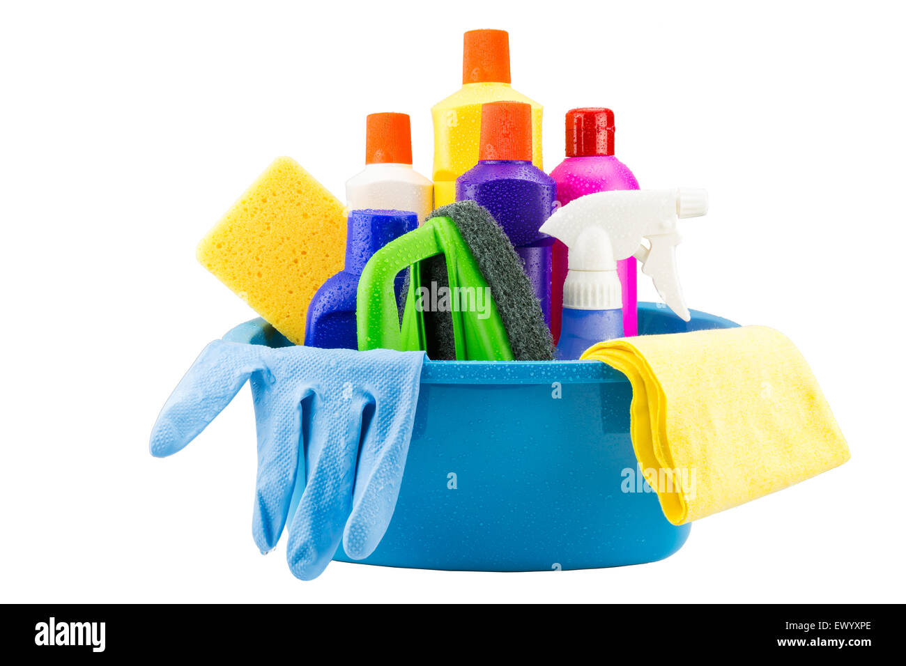 Cleaning tools in bucket on white background with water drop (Isolated Stock Photo Alamy