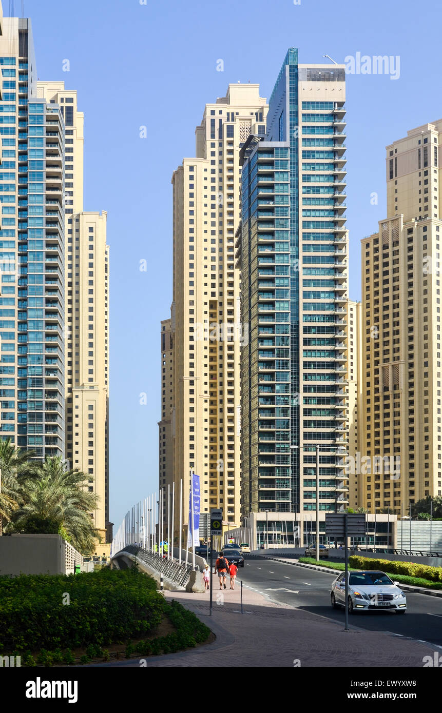 Street, futuristic and modern high rise buildings, towers and hotels of the Dubai Marina, United Arab Emirates Stock Photo