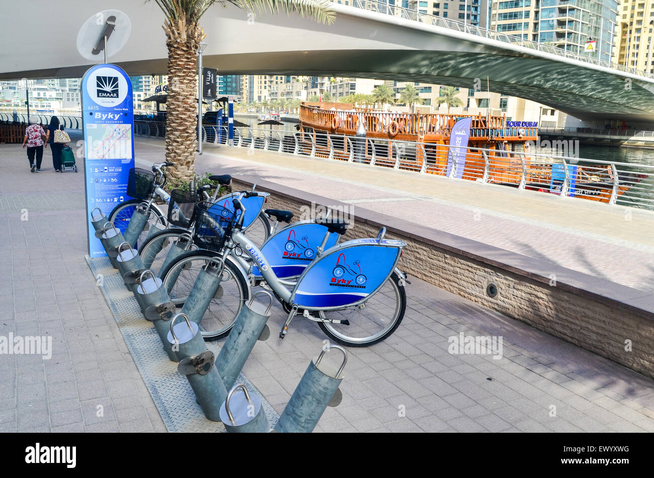 Bikes for rent Byky at the Dubai Marina, UAE Stock Photo