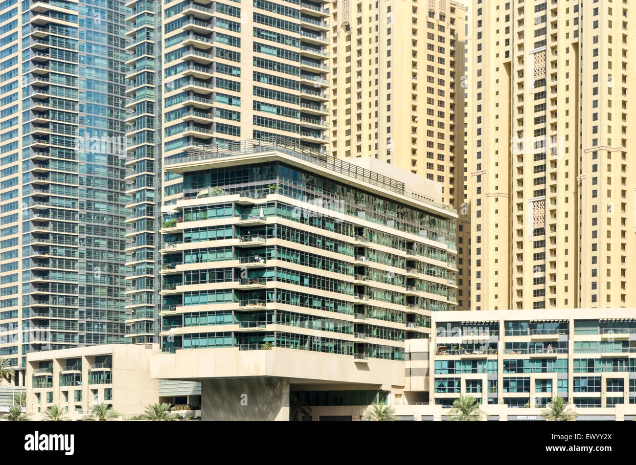 Windows of modern high rise buildings, towers and hotels of the Dubai Marina, United Arab Emirates Stock Photo