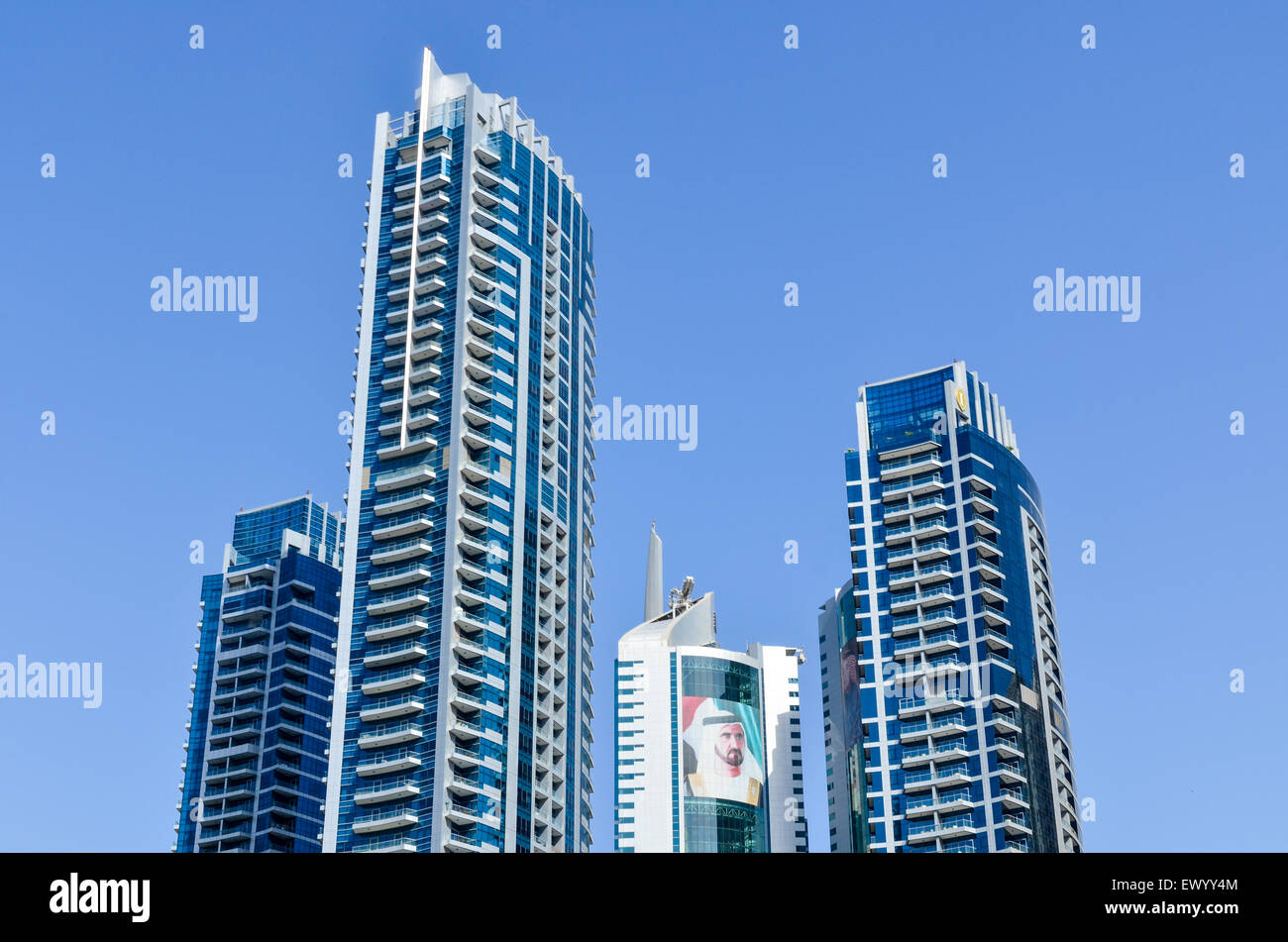 Face of the Emir of Dubai on the high rise buildings of the Dubai Marina, United Arab Emirates Stock Photo