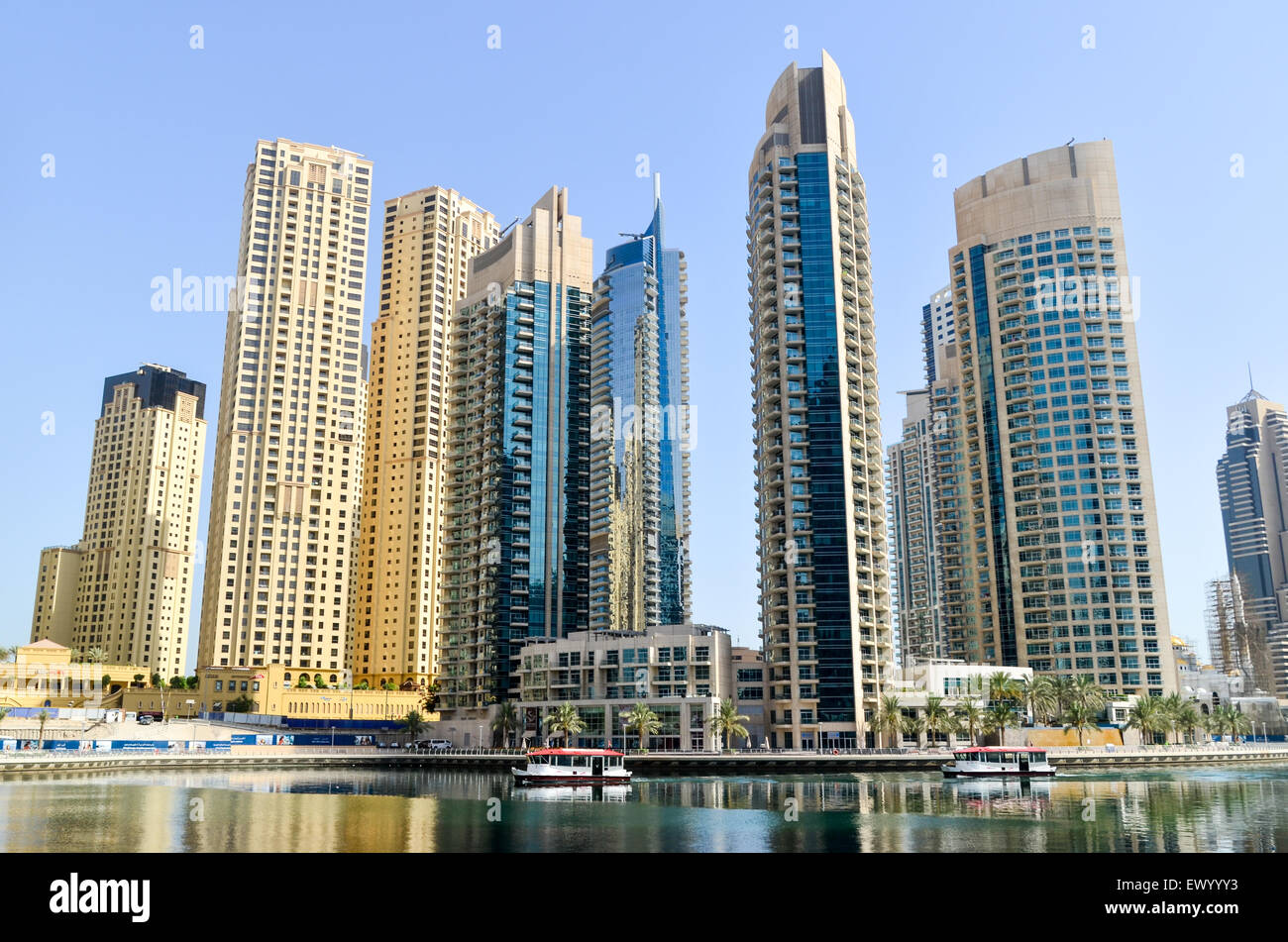 Futuristic and modern high rise buildings, towers and hotels of the Dubai Marina, United Arab Emirates Stock Photo