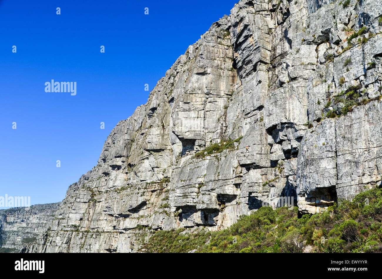 Rock climbing routes on the steep face of Table Mountain, Cape Town Stock Photo