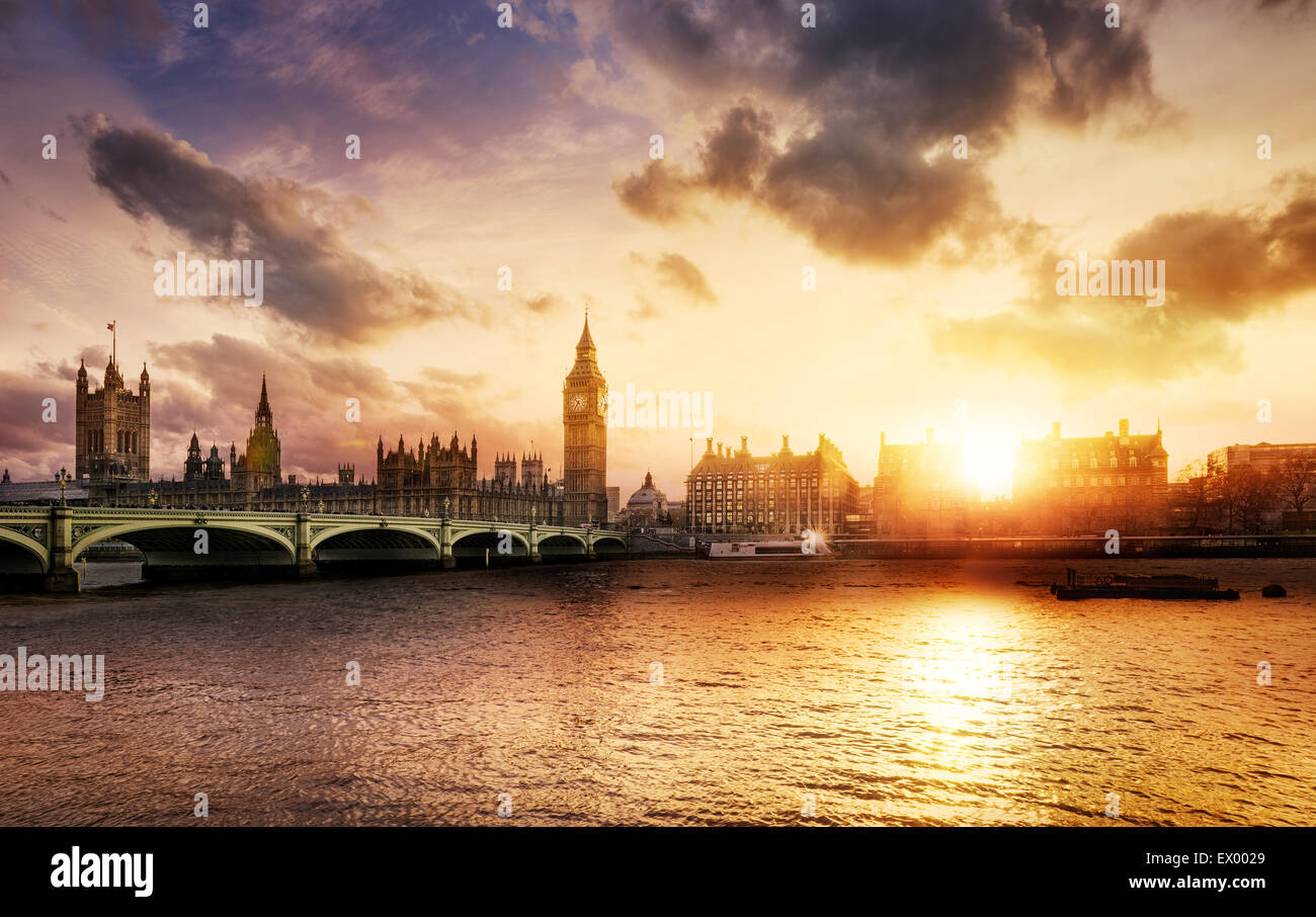 Big Ben and Westminster Bridge at dusk, London, UK Stock Photo