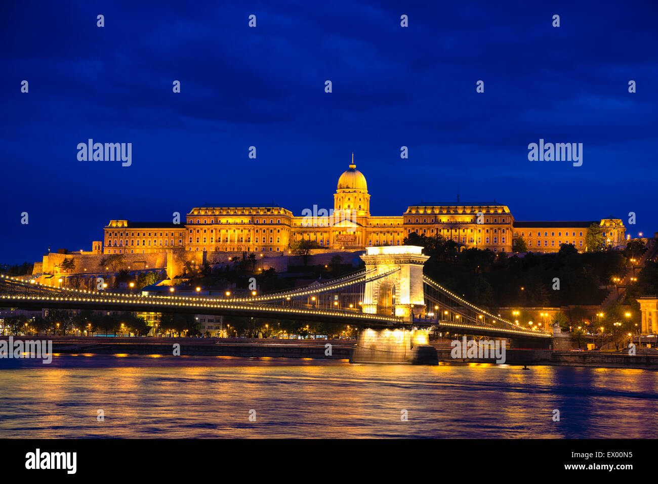 Night shot during blue hour, Széchenyi Chain Bridge, Danube and Buda Castle, Budapest, Hungary Stock Photo
