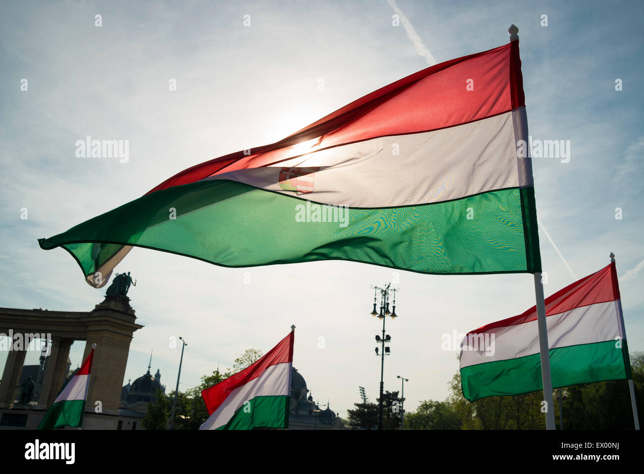 Hungarian flags at Heroes square, Budapest, Hungary Stock Photo
