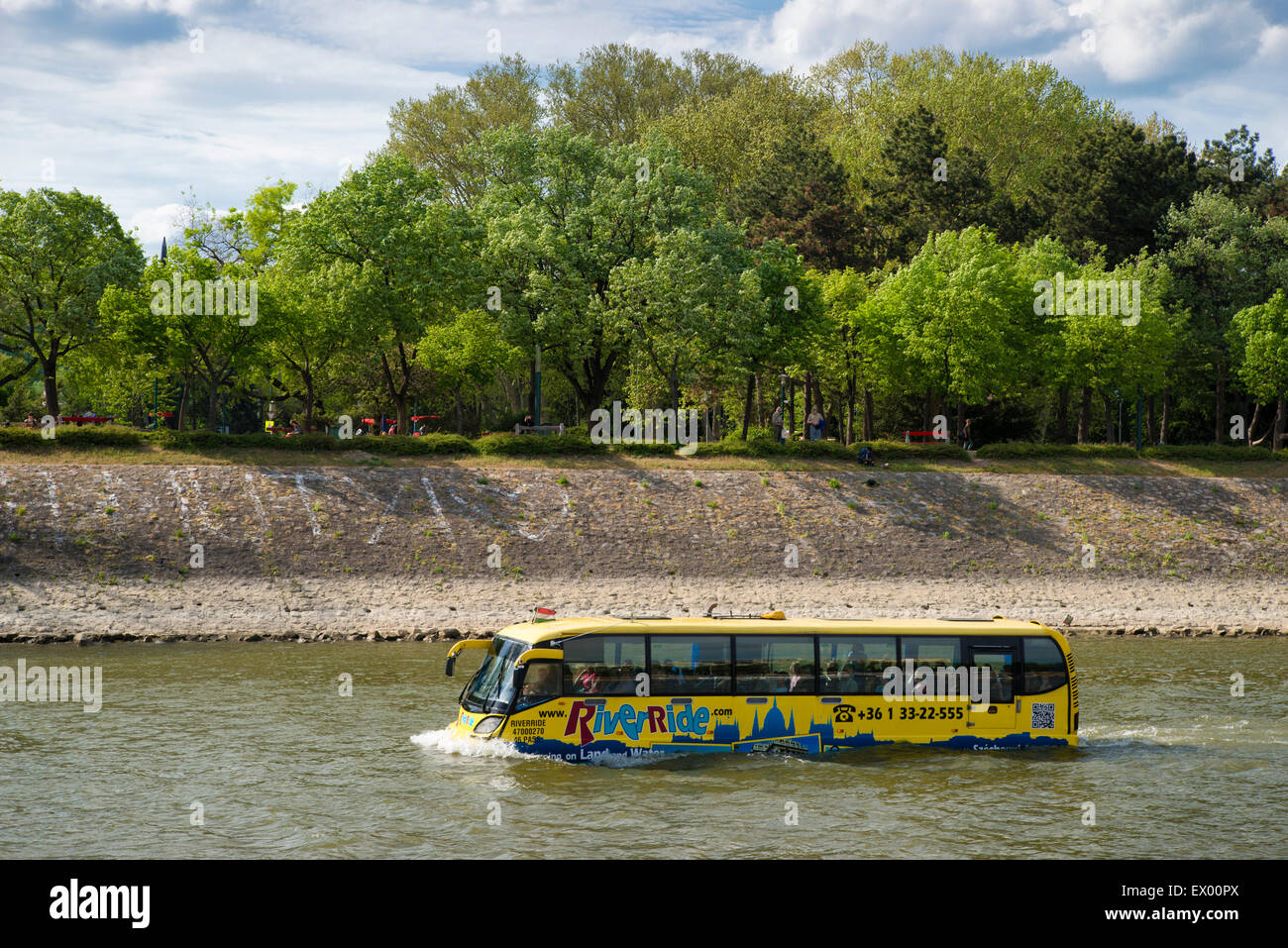 Bus swimming in river Danube, Margit Island in the back, Budapest, Hungary, Europe Stock Photo
