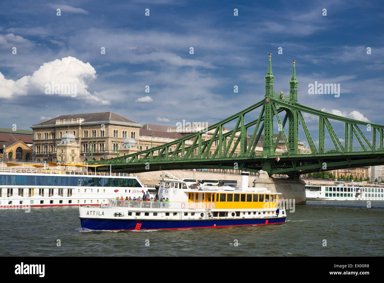 Liberty Bridge, ships on river danube, Budapest, Hungary, Europe Stock Photo