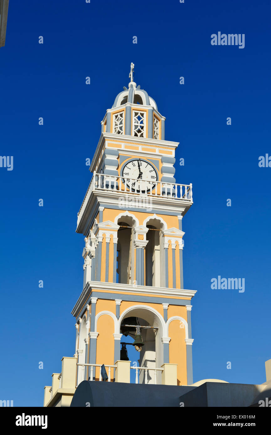 The clock tower of Saint John the Baptist Cathedral in Fira, Santorini ...