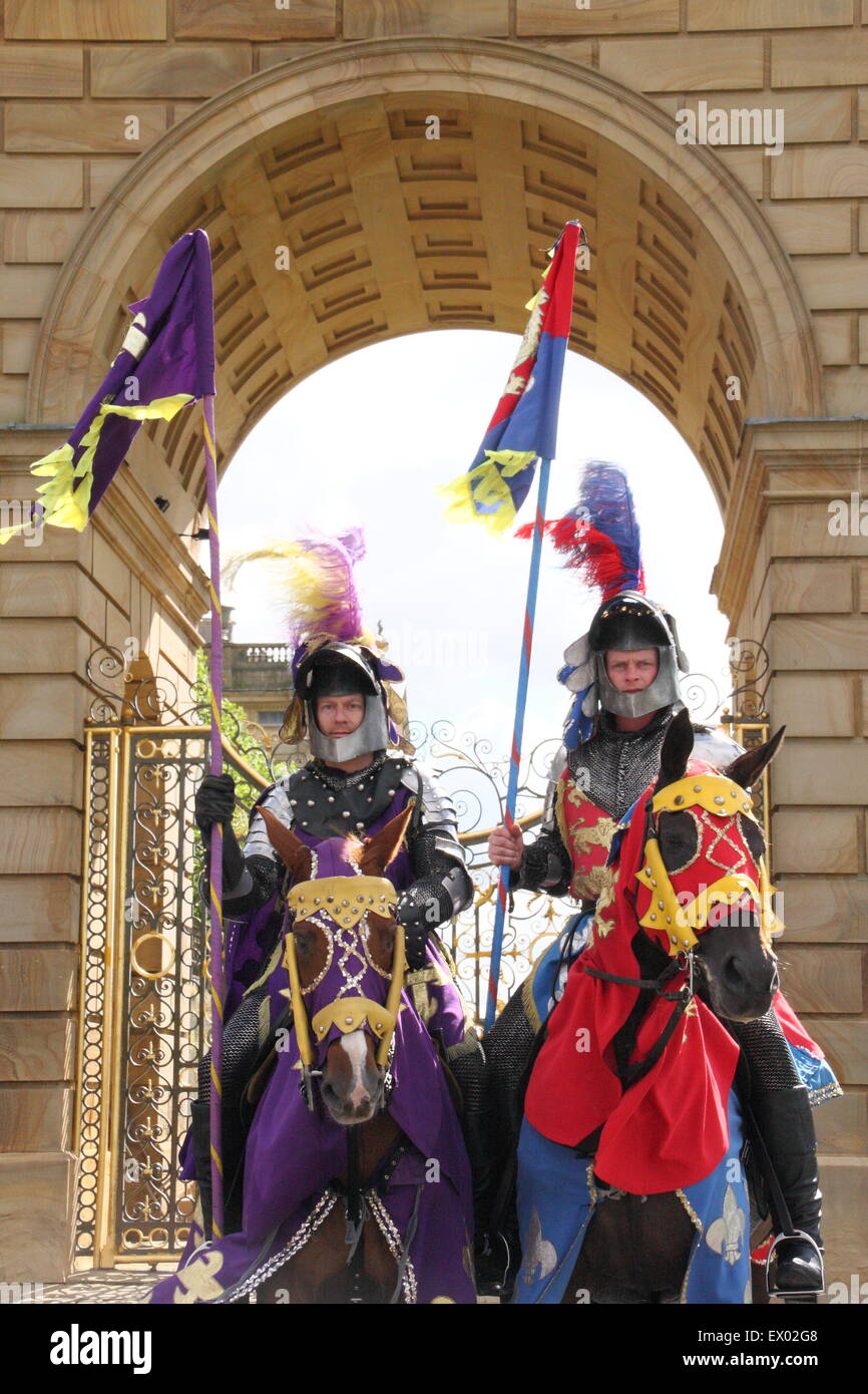 Members of the Knights of Arkley medieval display team outside Chatsworth House during the country fair, Derbyshire England Stock Photo