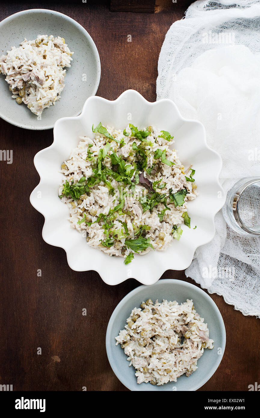 Still life with bowls of tuna and rice salad Stock Photo Alamy