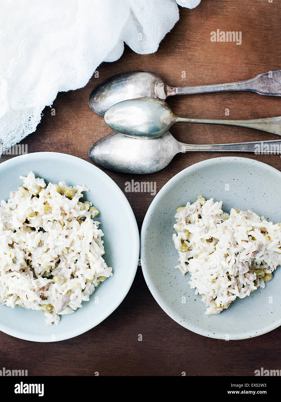 Still life with two bowls of tuna and rice salad Stock Photo Alamy