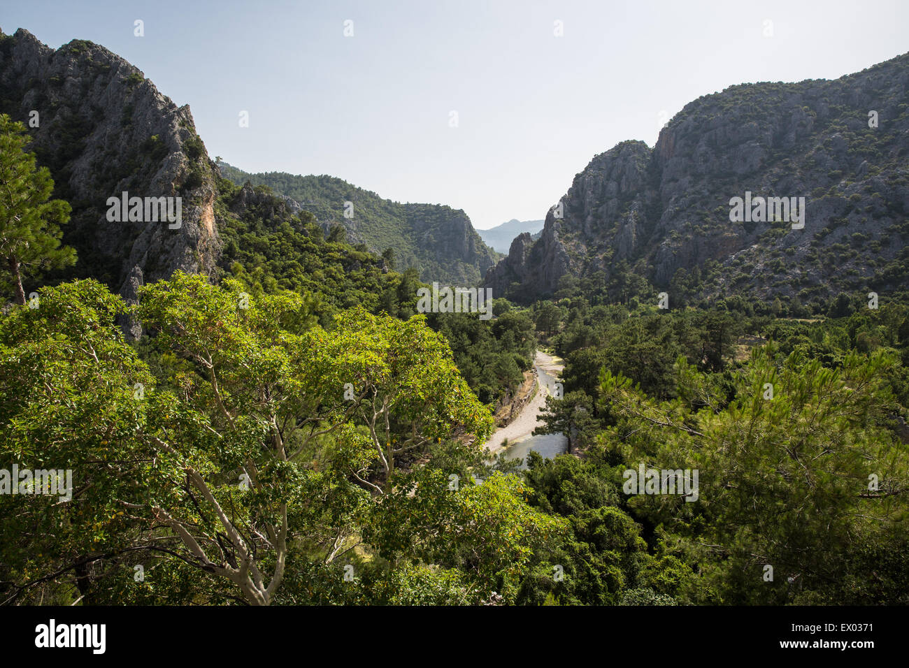 View of river valley, Olympos, Lycian way, Turkey Stock Photo