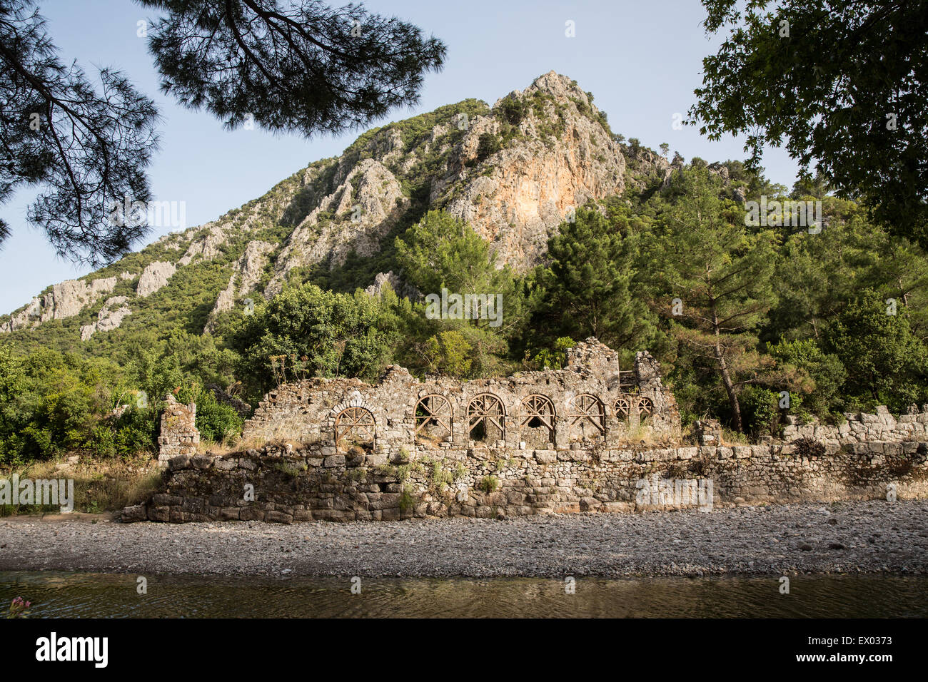 View of river and ruins, Olympos, Lycian way, Turkey Stock Photo