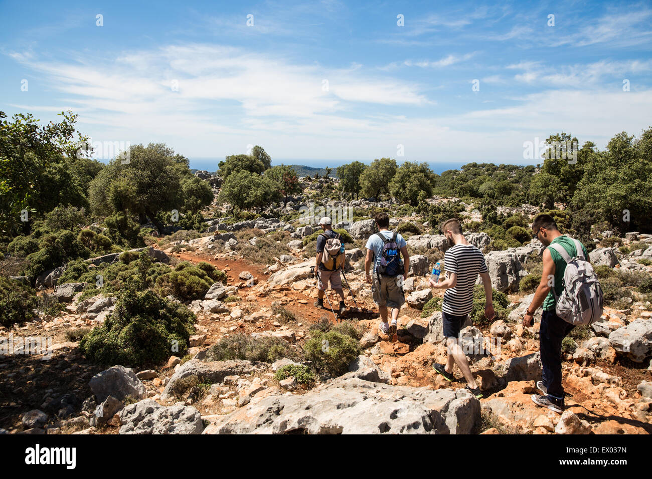 Male hikers walking the Lycian way, Turkey Stock Photo