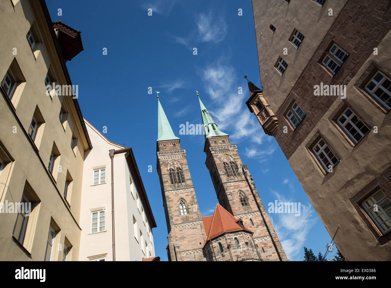 Low angle view of spires in old town, Nuremberg, Germany Stock Photo