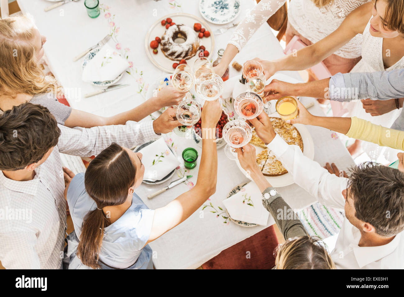 Overhead view of family making a toast at birthday party Stock Photo