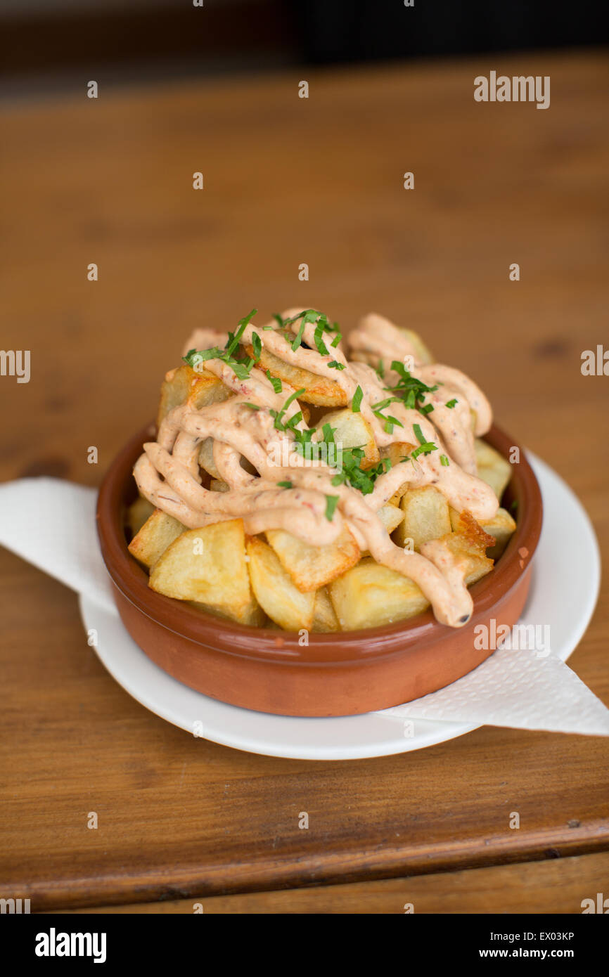 Patatas bravas in tapas bar, Ibiza, Spain Stock Photo
