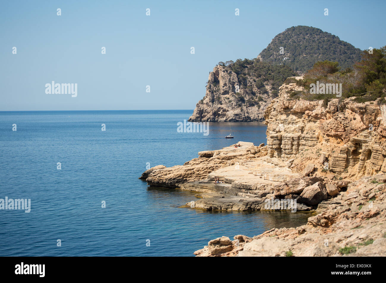 View of cliffs and rocky coastline, Ibiza, Spain Stock Photo