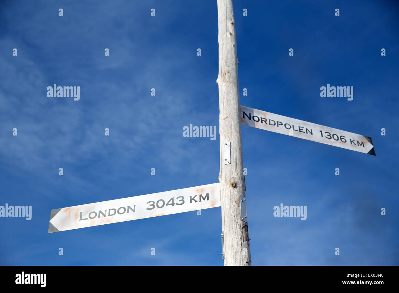 Direction sign and blue sky, Svalbard, Norway Stock Photo