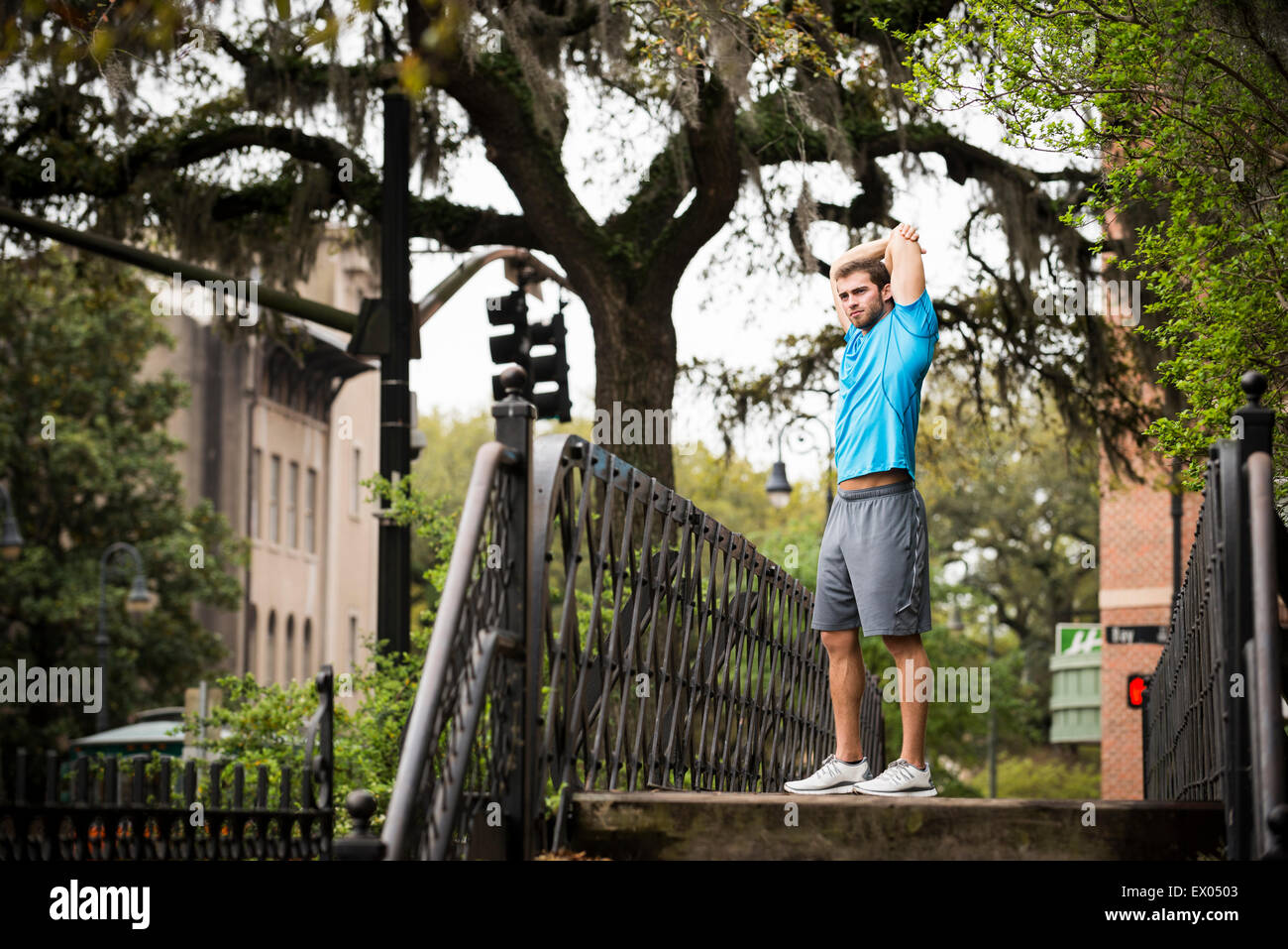 Jogger along the river walk, Savannah, Georgia, USA Stock Photo