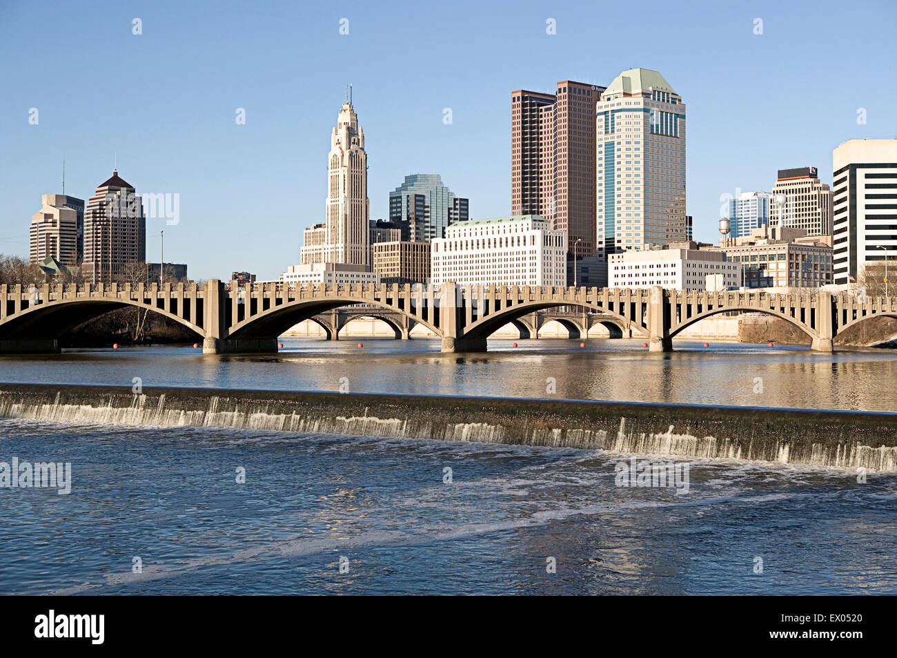 Scioto River With Waterfall And Columbus Ohio Skyline, Usa Stock Photo 