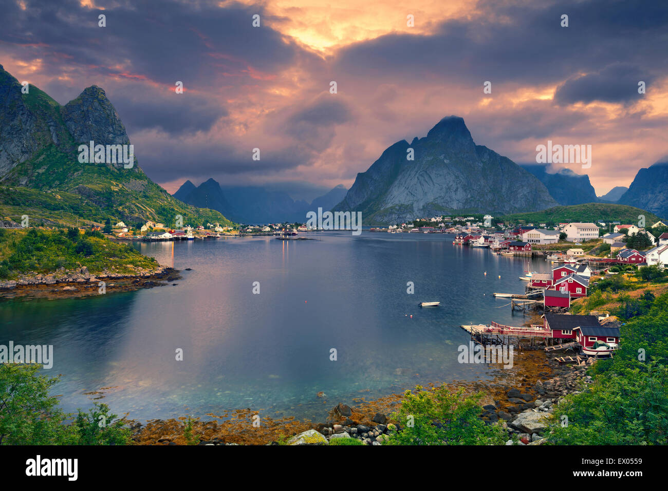 Reine. Scenic town of Reine by the fjord on Lofoten Islands in Norway. Stock Photo