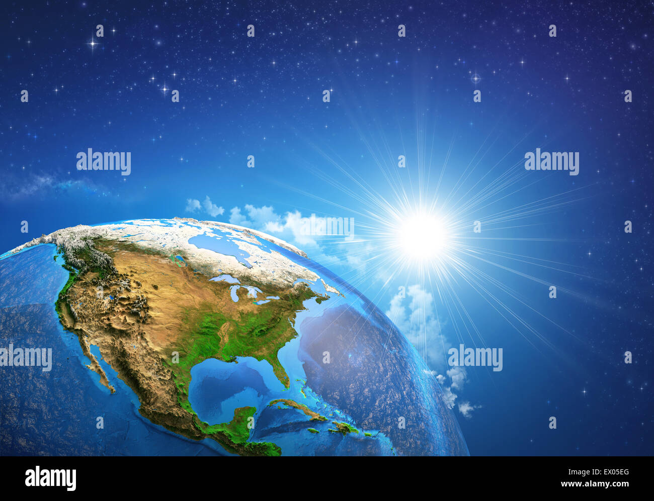 Rising sun over the Earth and its landforms, view of the United States ...